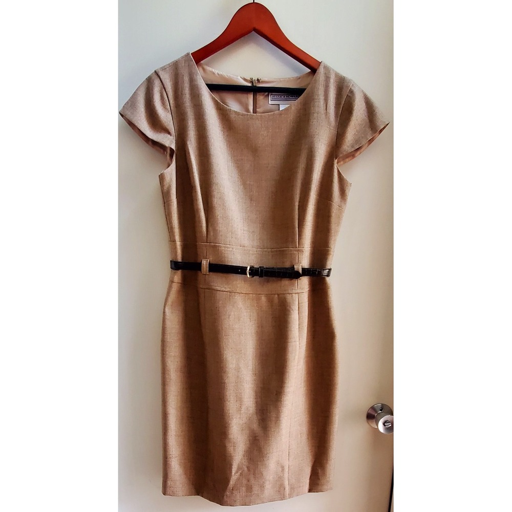 Jessica Howard Dress 12 Brown Belt Cap Sleeve Tweed Tan/Brown Sheath Poly Lined